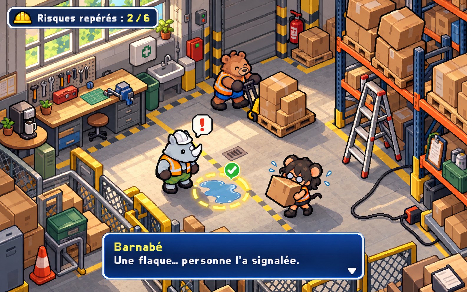 Capture du jeu : un entrepôt en vue isométrique, un compteur « Risques repérés : 2/6 » et une flaque signalée par le personnage