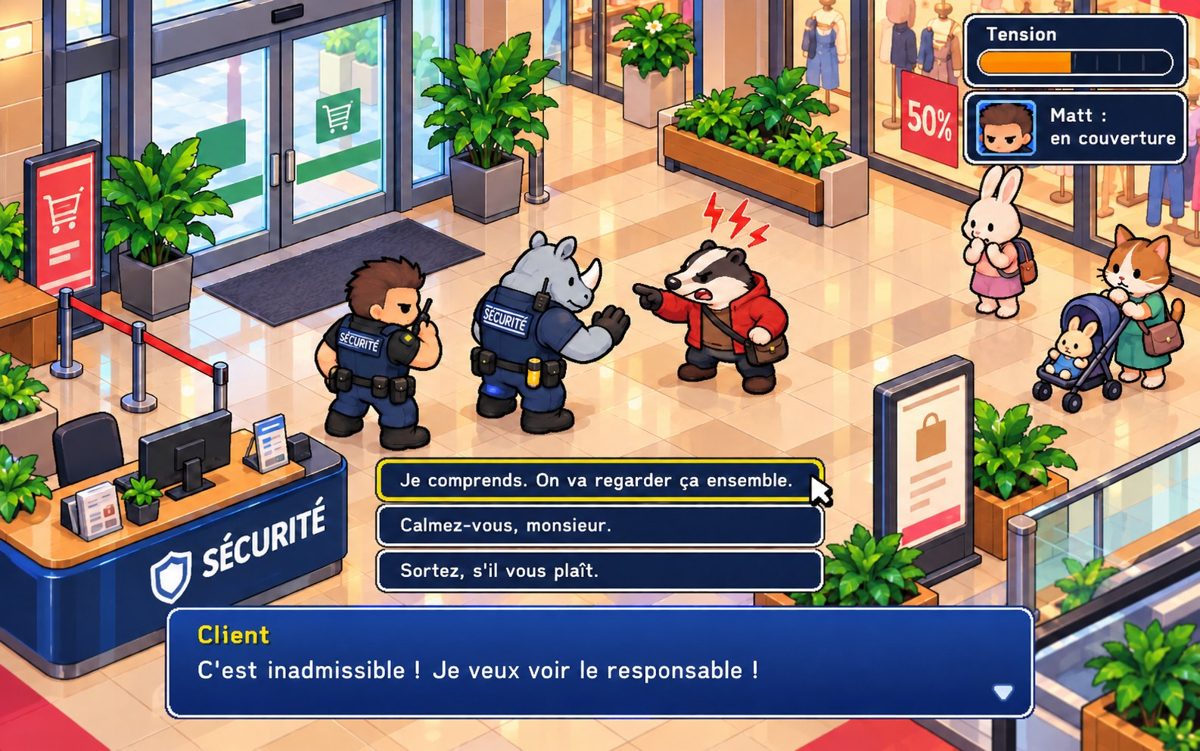 Game screen: two security officers face an angry customer at the security desk of a shopping mall. A tension gauge is shown at the top right and three reply options at the bottom.