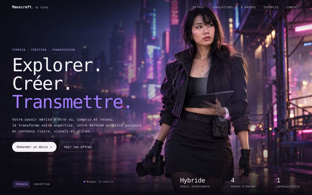 Screenshot of the Mauscraft home page: large headline over a neon city photo of Cathy holding a camera.