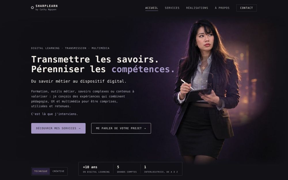 Screenshot of the SharpLearn home page: dark interface, monospace headline and a portrait of Cathy.