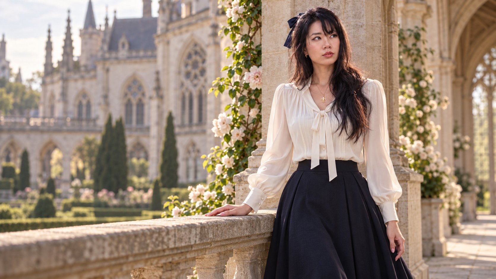 Cathy en blouse blanche, accoudée à une balustrade fleurie, une cathédrale gothique en arrière-plan